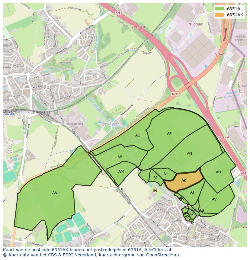 Afbeelding van het postcodegebied 6351 AK op de kaart.