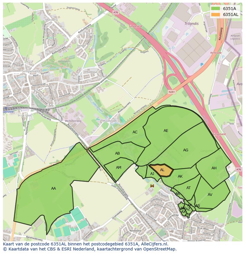 Afbeelding van het postcodegebied 6351 AL op de kaart.