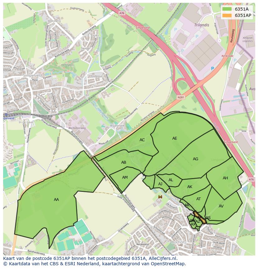 Afbeelding van het postcodegebied 6351 AP op de kaart.