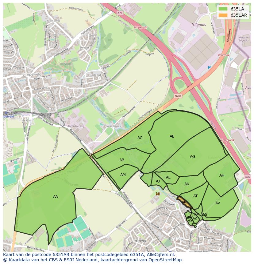 Afbeelding van het postcodegebied 6351 AR op de kaart.
