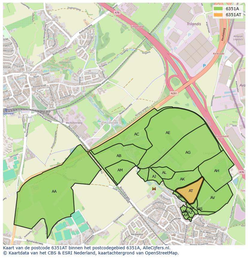 Afbeelding van het postcodegebied 6351 AT op de kaart.