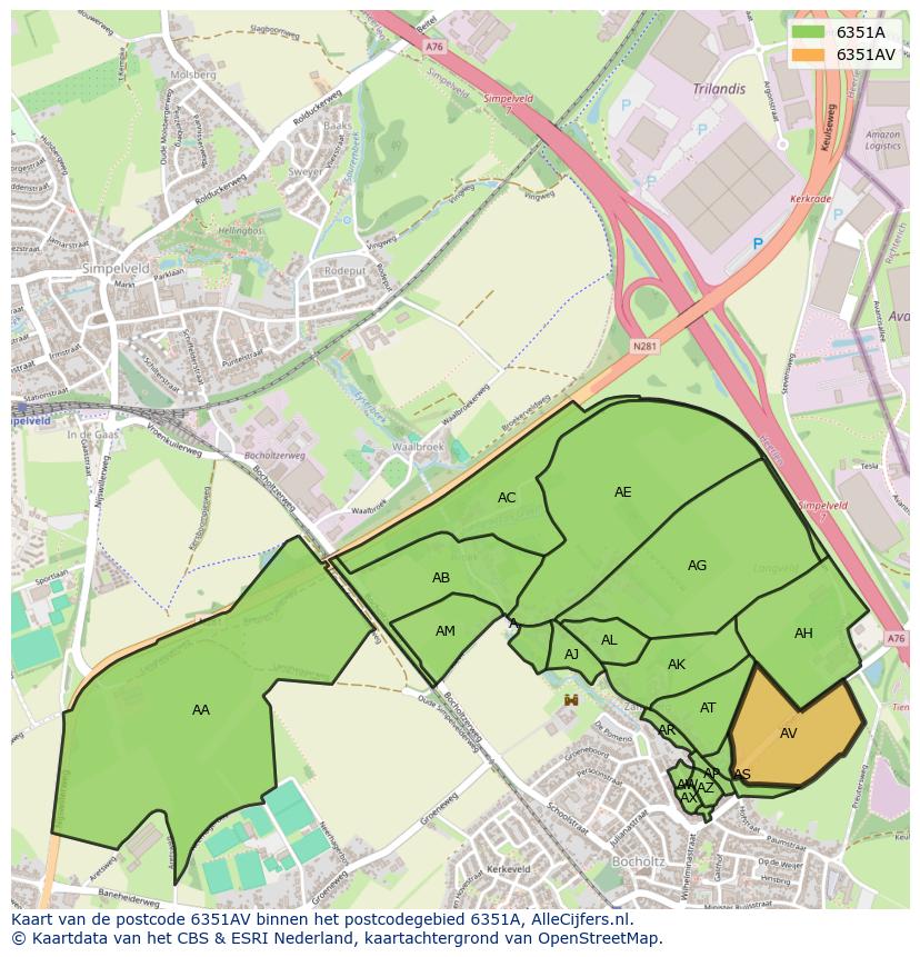 Afbeelding van het postcodegebied 6351 AV op de kaart.