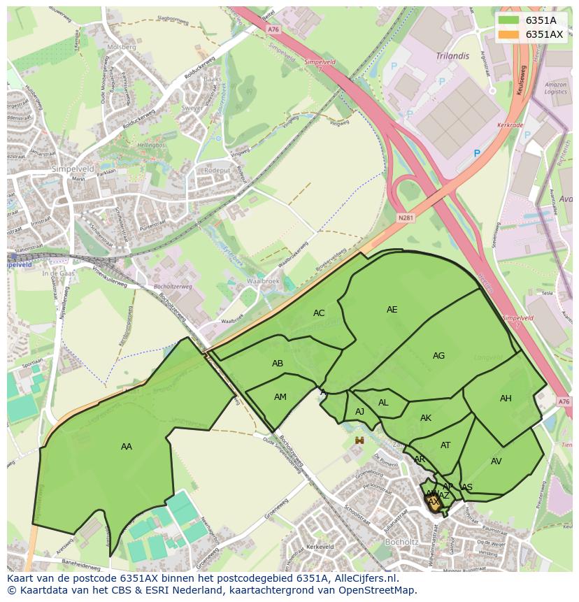 Afbeelding van het postcodegebied 6351 AX op de kaart.