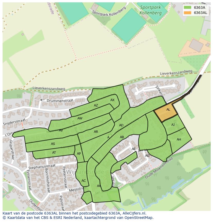 Afbeelding van het postcodegebied 6363 AL op de kaart.