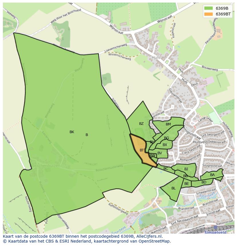 Afbeelding van het postcodegebied 6369 BT op de kaart.