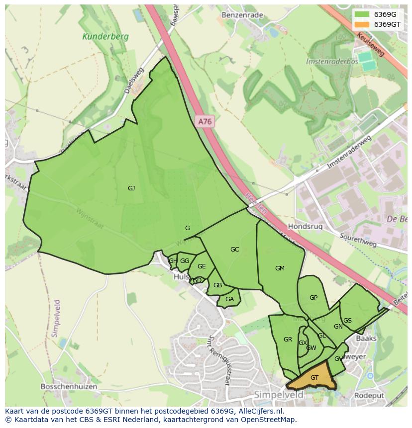 Afbeelding van het postcodegebied 6369 GT op de kaart.