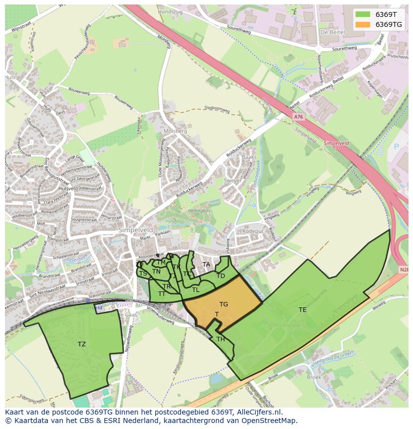 Afbeelding van het postcodegebied 6369 TG op de kaart.