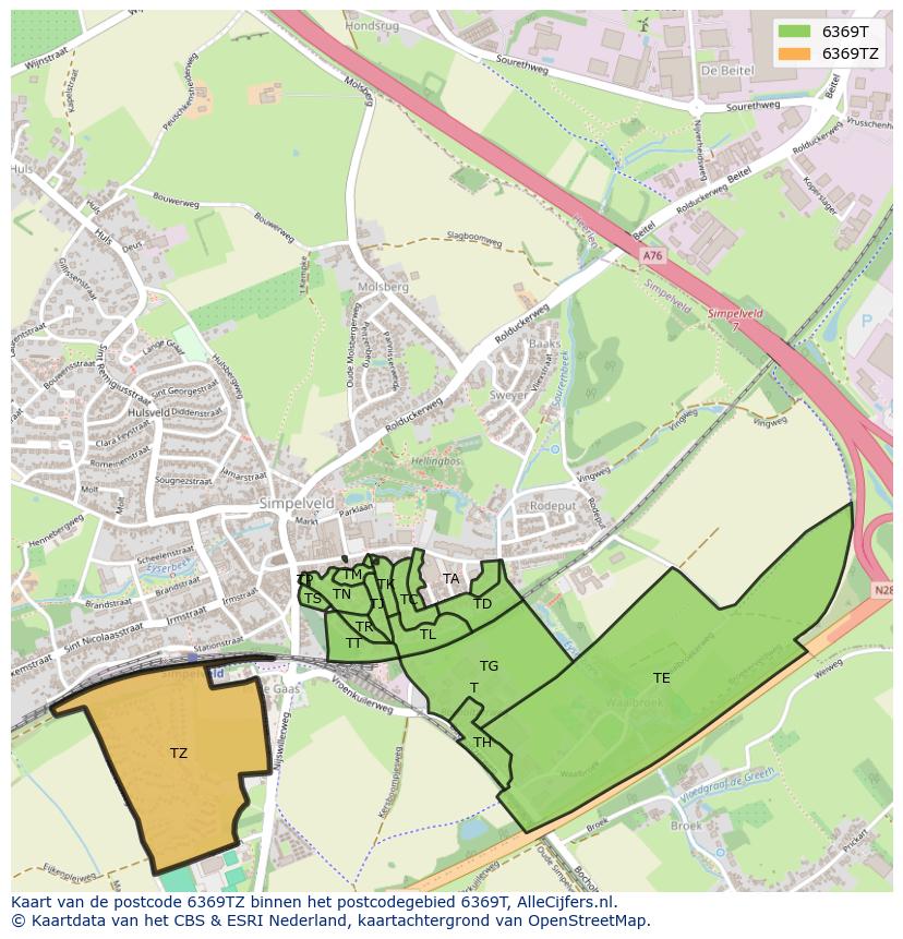 Afbeelding van het postcodegebied 6369 TZ op de kaart.