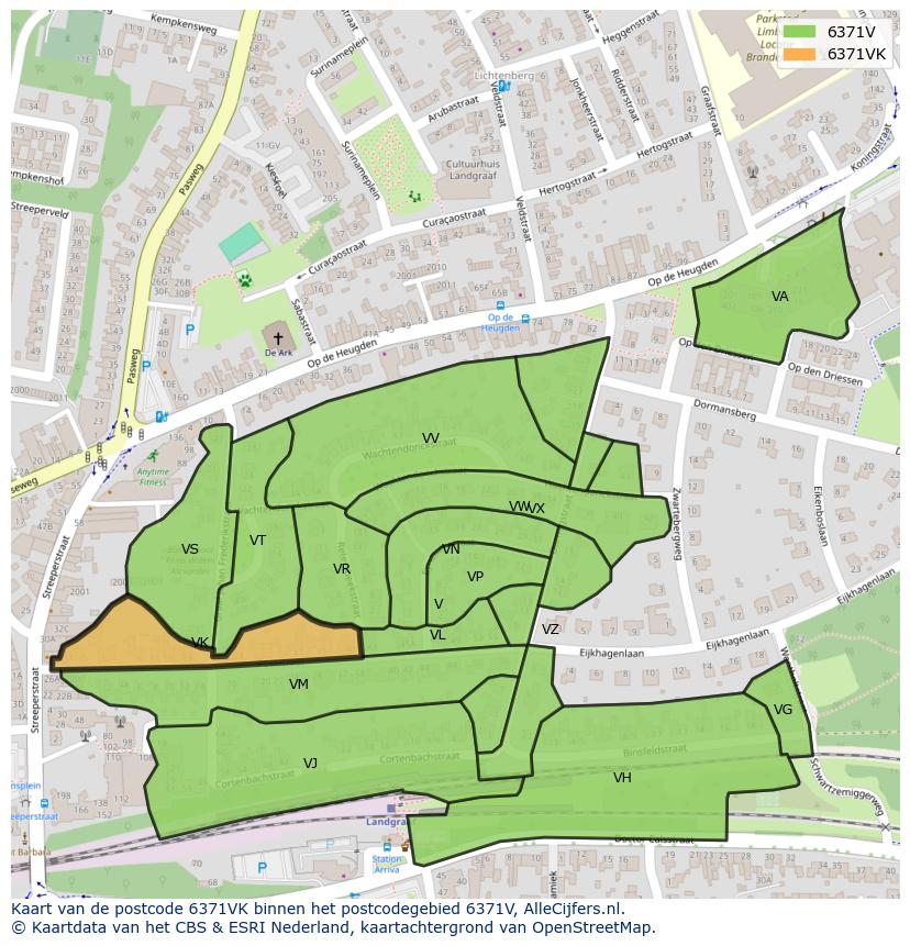 Afbeelding van het postcodegebied 6371 VK op de kaart.
