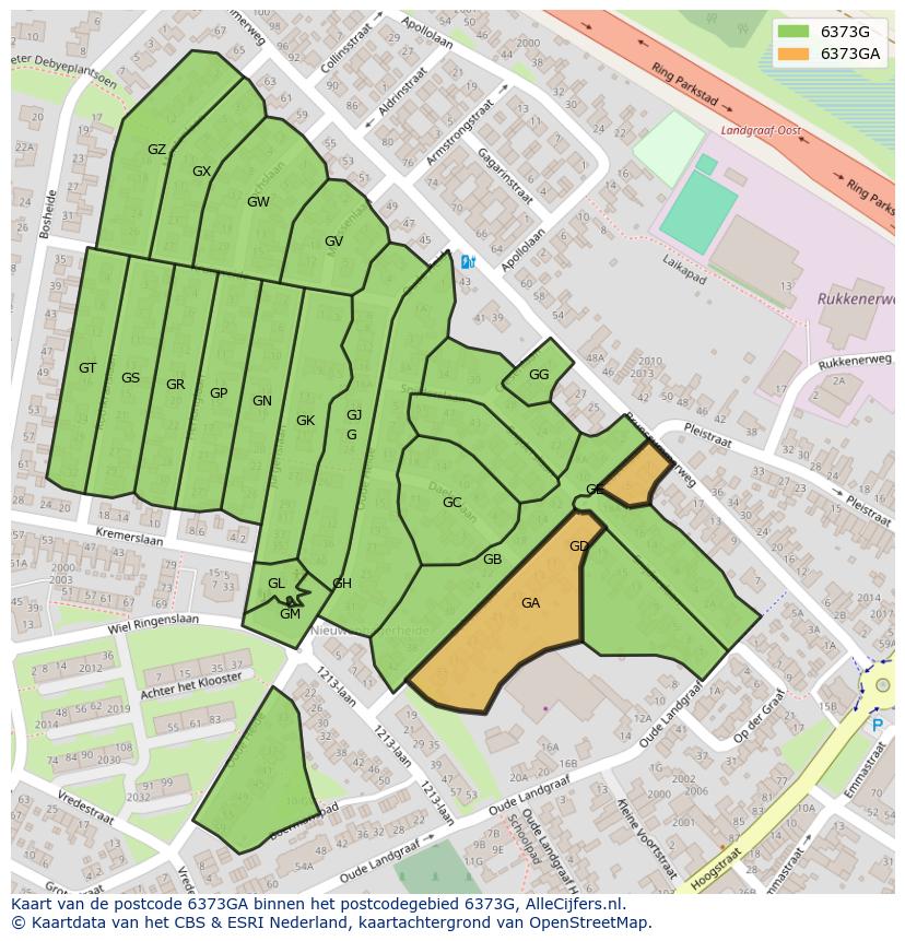 Afbeelding van het postcodegebied 6373 GA op de kaart.