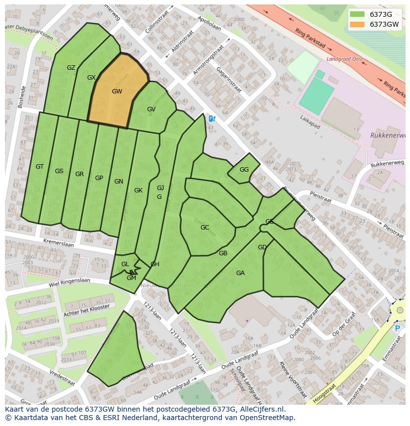 Afbeelding van het postcodegebied 6373 GW op de kaart.
