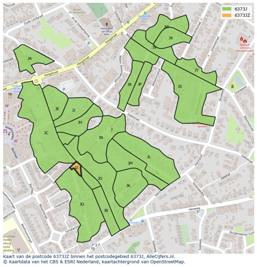 Afbeelding van het postcodegebied 6373 JZ op de kaart.