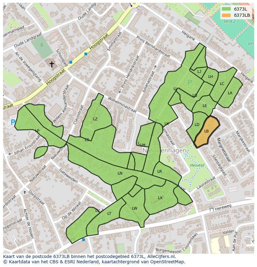 Afbeelding van het postcodegebied 6373 LB op de kaart.