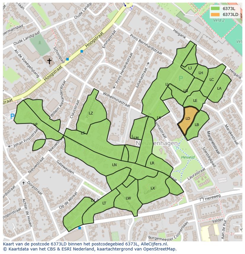 Afbeelding van het postcodegebied 6373 LD op de kaart.