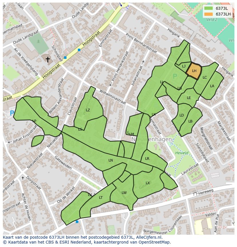 Afbeelding van het postcodegebied 6373 LH op de kaart.