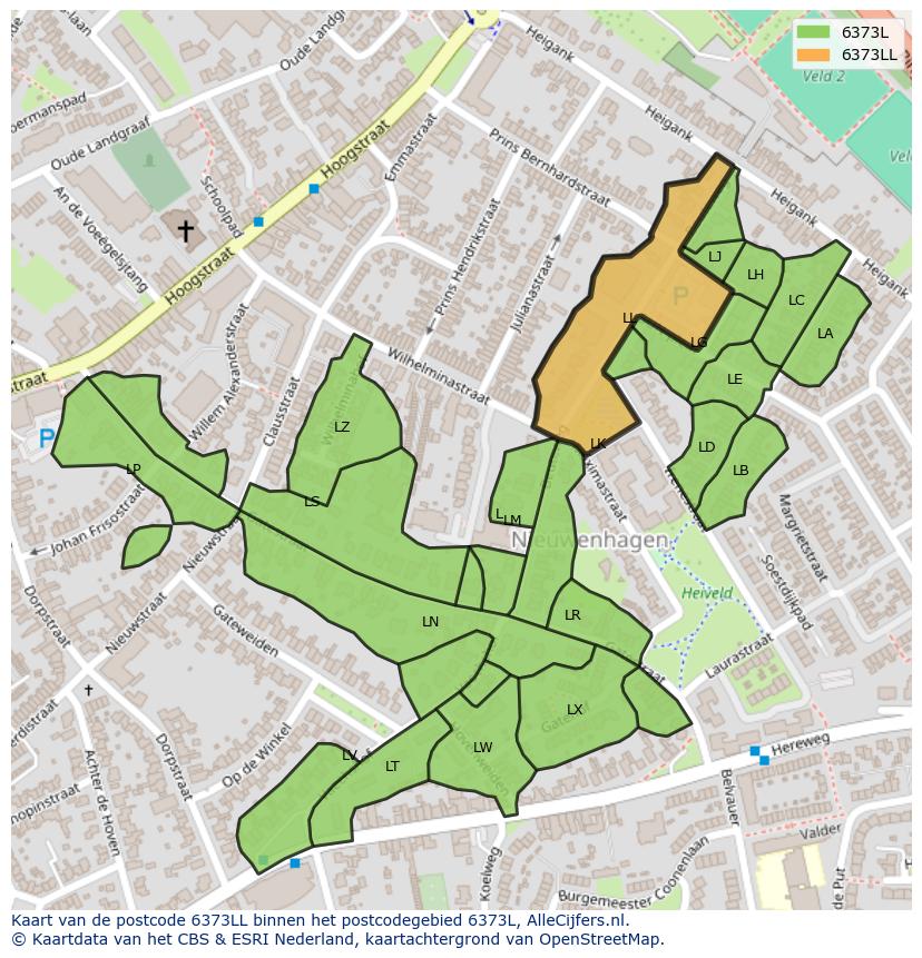 Afbeelding van het postcodegebied 6373 LL op de kaart.
