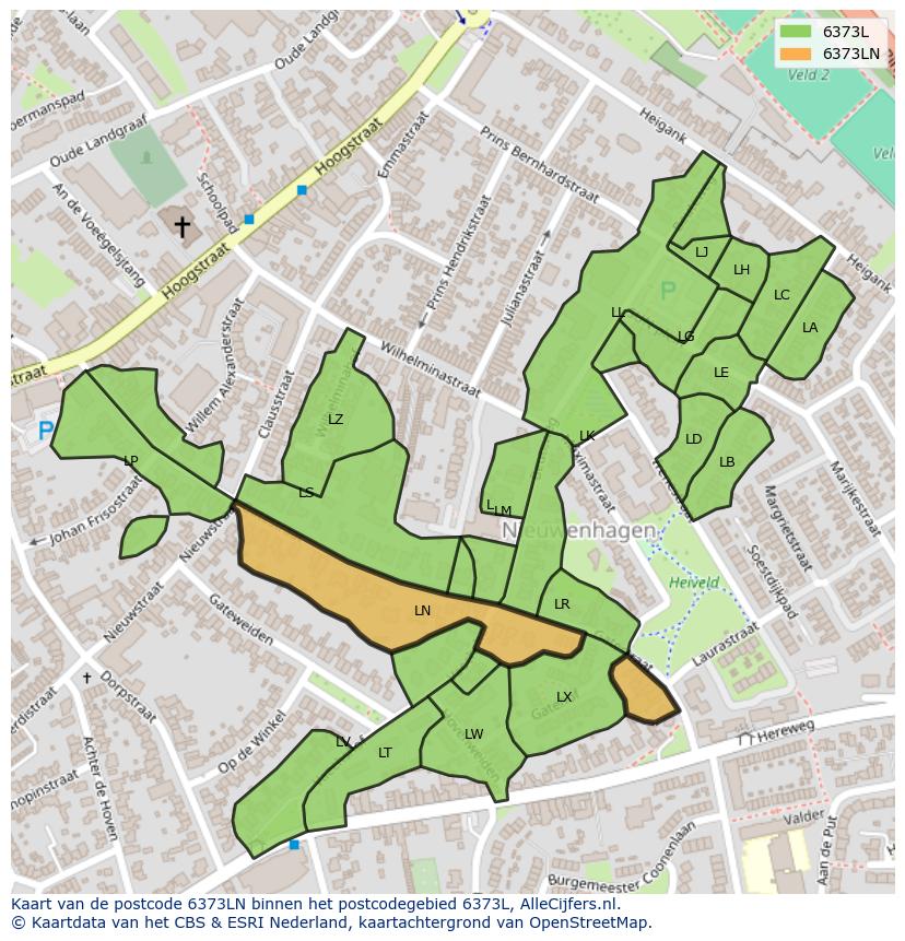 Afbeelding van het postcodegebied 6373 LN op de kaart.