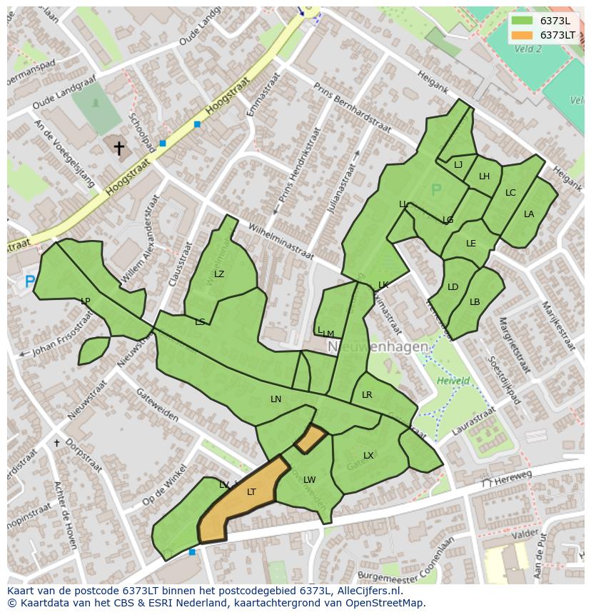 Afbeelding van het postcodegebied 6373 LT op de kaart.