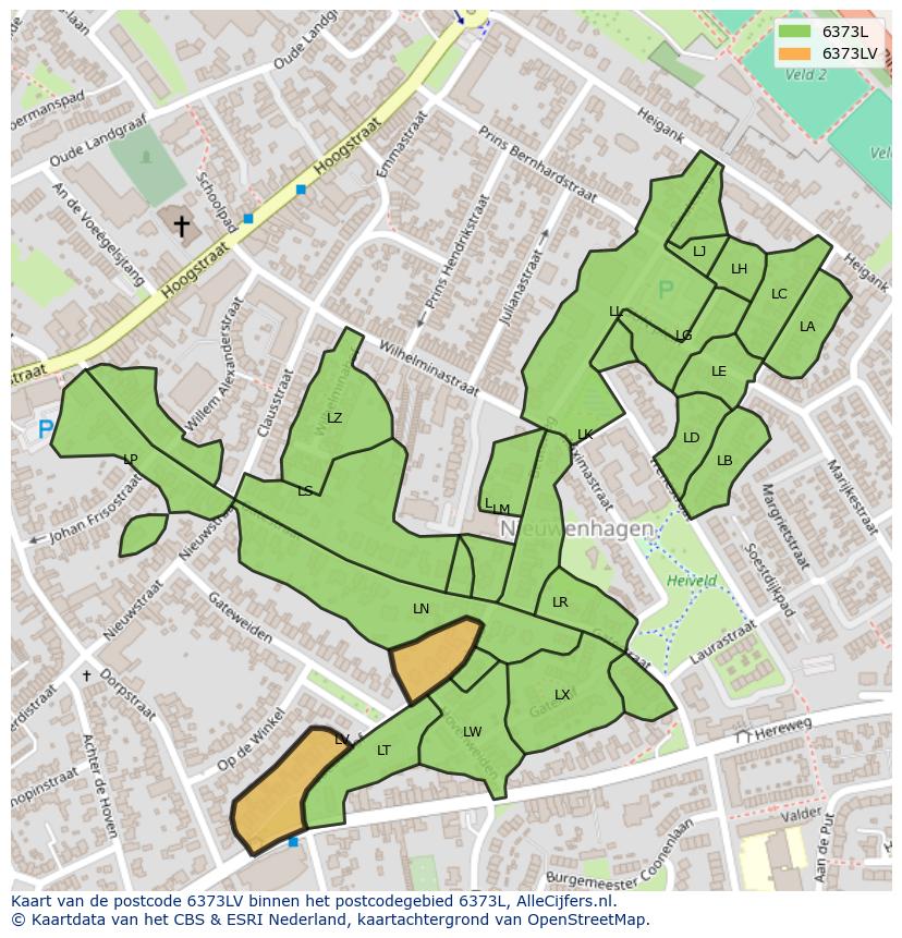 Afbeelding van het postcodegebied 6373 LV op de kaart.