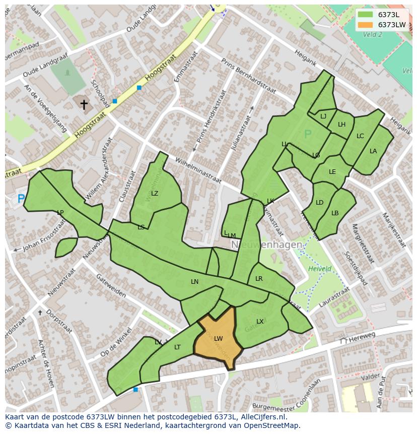 Afbeelding van het postcodegebied 6373 LW op de kaart.