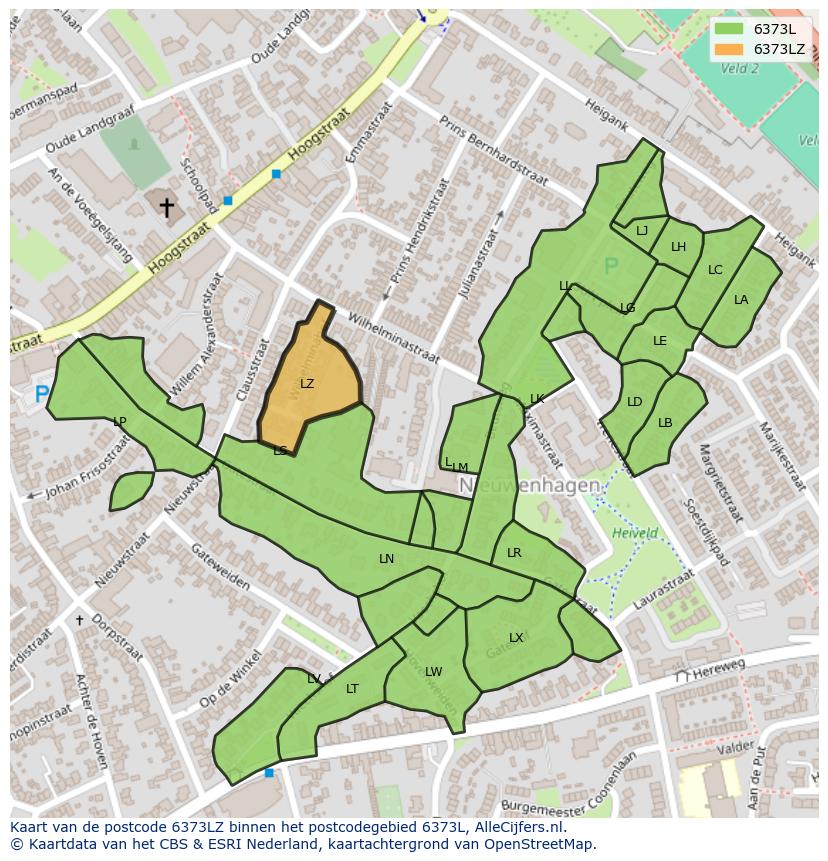 Afbeelding van het postcodegebied 6373 LZ op de kaart.