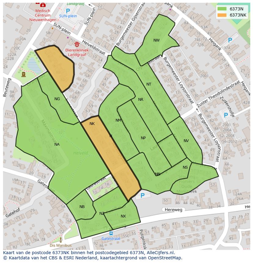 Afbeelding van het postcodegebied 6373 NK op de kaart.
