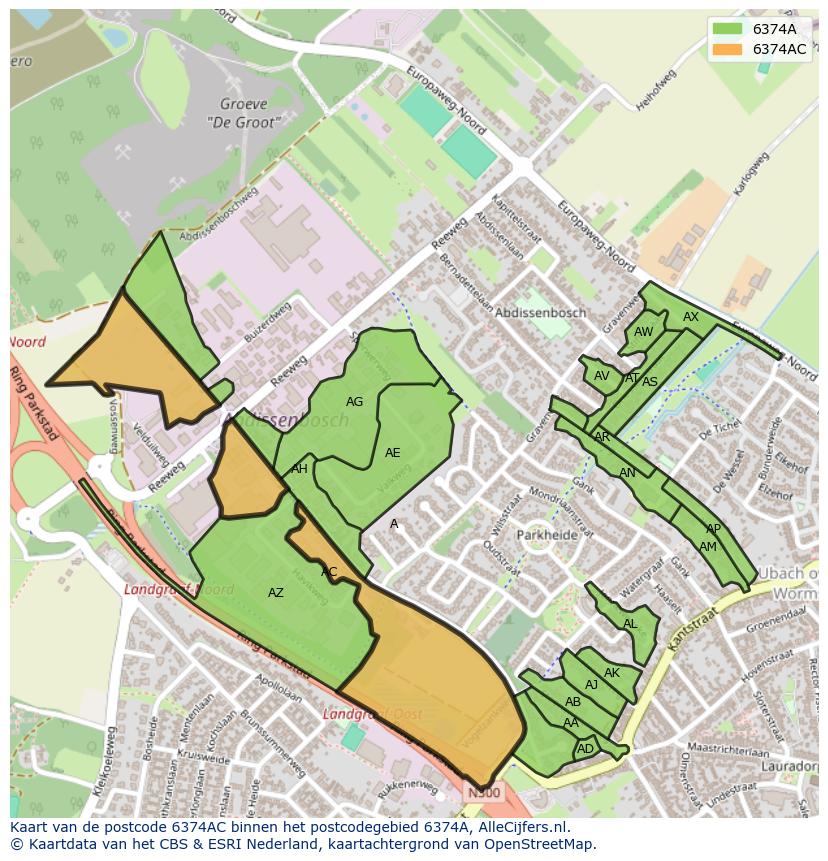 Afbeelding van het postcodegebied 6374 AC op de kaart.