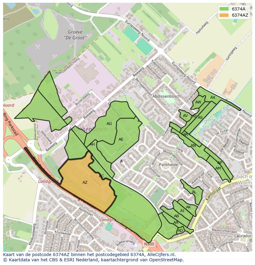Afbeelding van het postcodegebied 6374 AZ op de kaart.