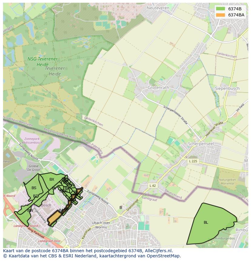 Afbeelding van het postcodegebied 6374 BA op de kaart.