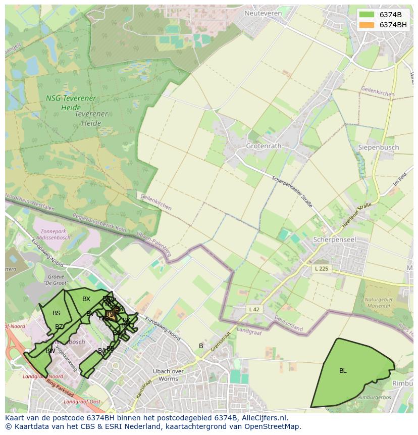 Afbeelding van het postcodegebied 6374 BH op de kaart.