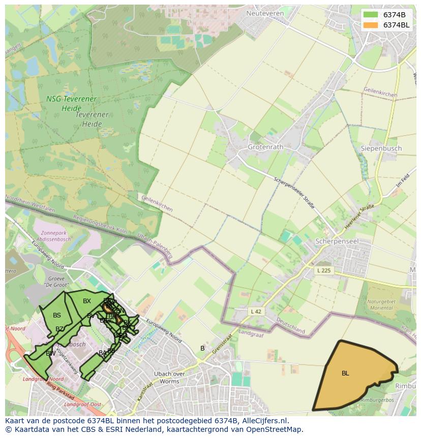 Afbeelding van het postcodegebied 6374 BL op de kaart.