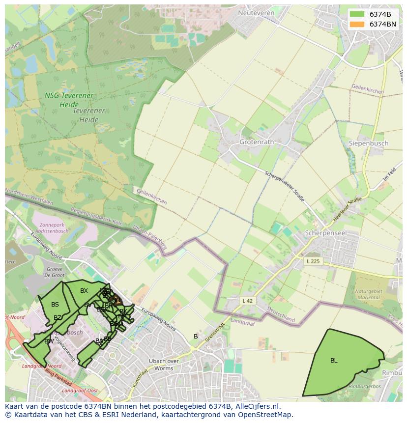 Afbeelding van het postcodegebied 6374 BN op de kaart.