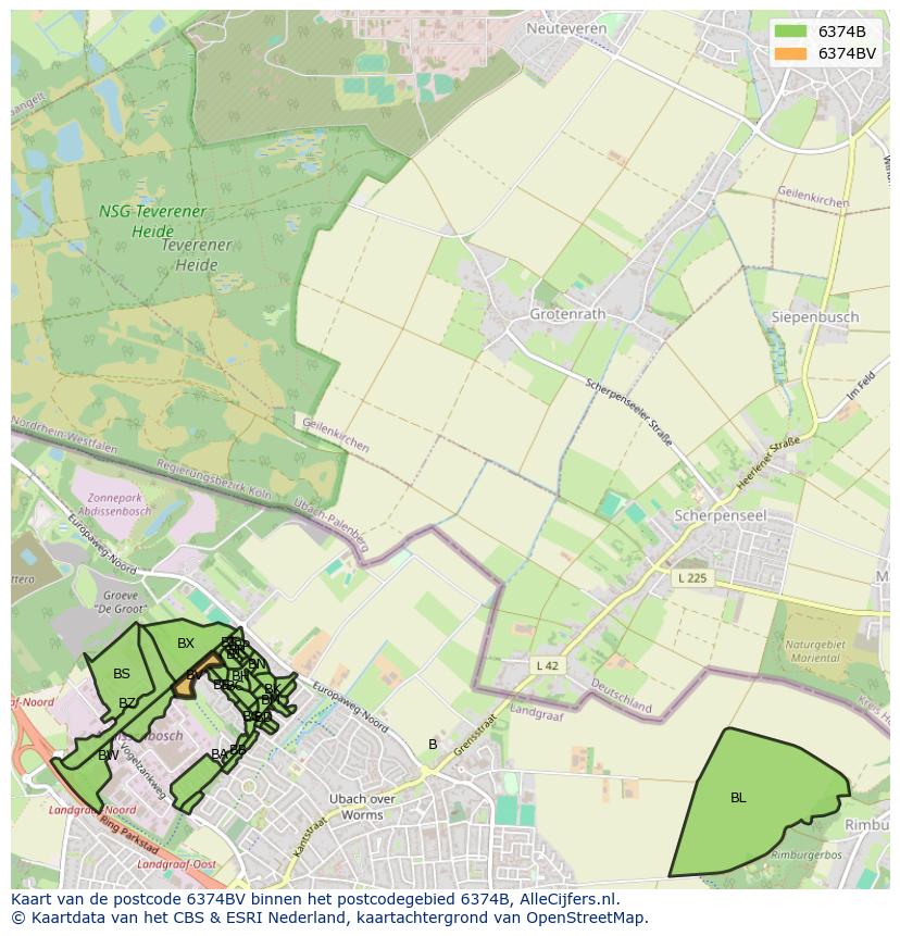 Afbeelding van het postcodegebied 6374 BV op de kaart.