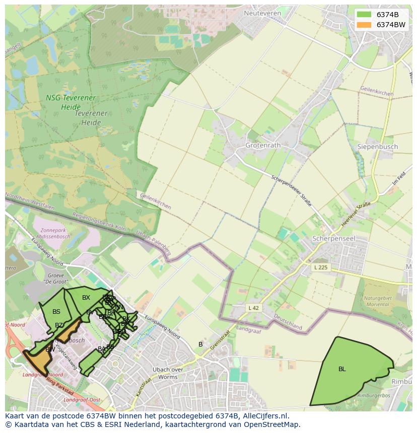 Afbeelding van het postcodegebied 6374 BW op de kaart.