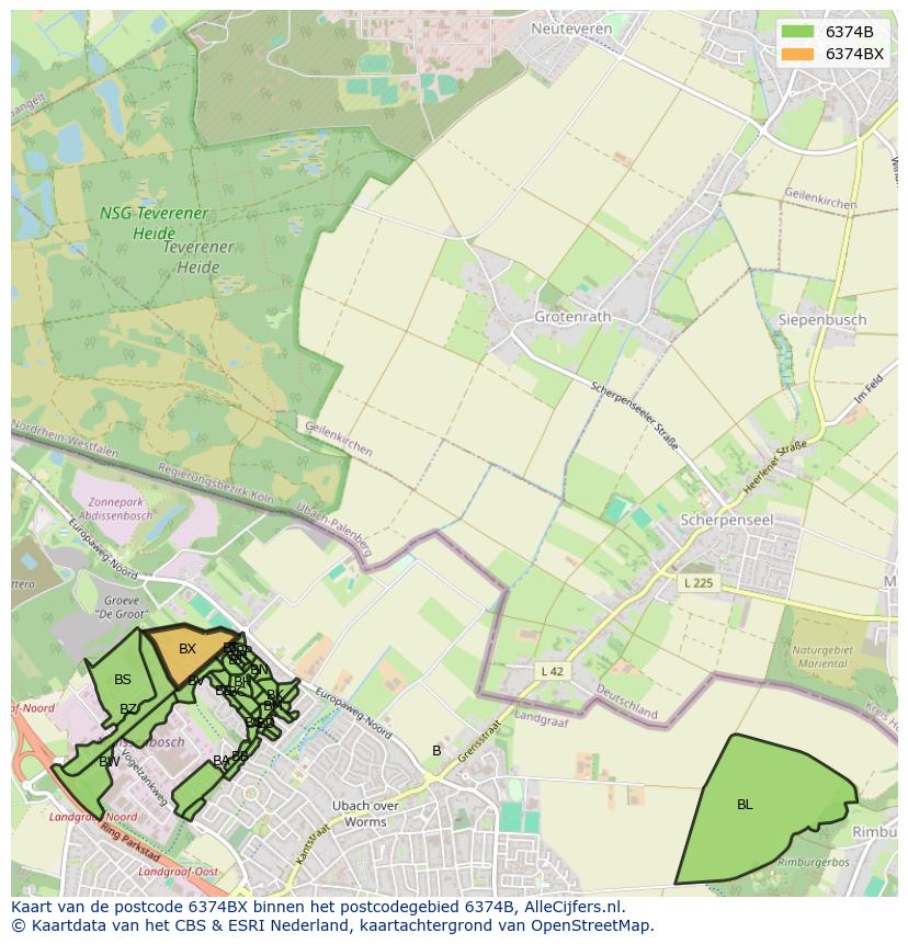 Afbeelding van het postcodegebied 6374 BX op de kaart.