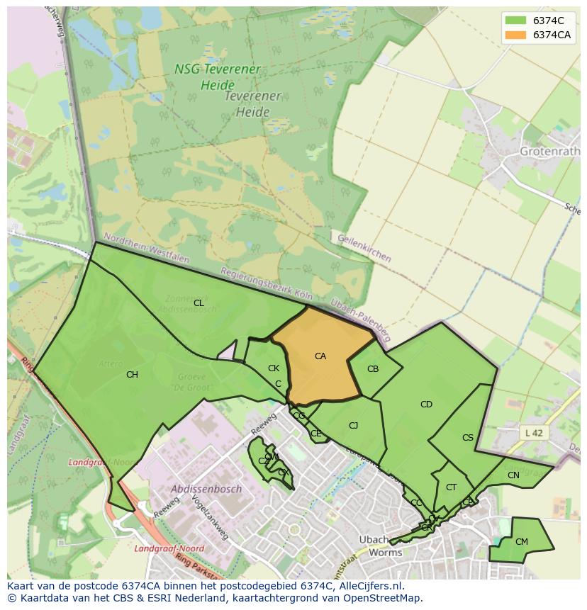 Afbeelding van het postcodegebied 6374 CA op de kaart.