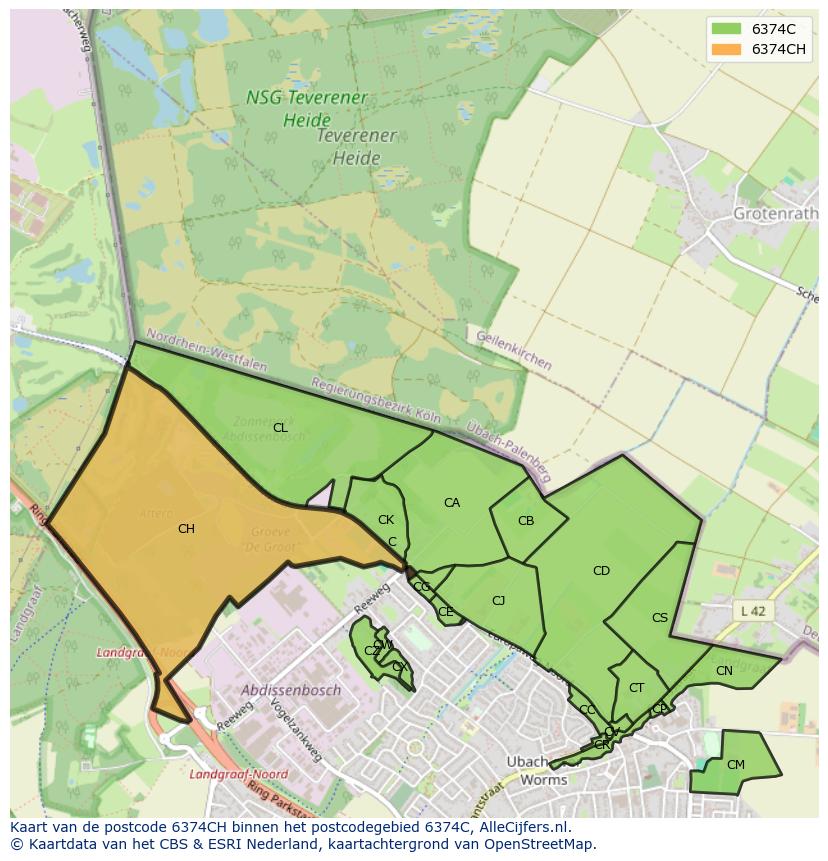 Afbeelding van het postcodegebied 6374 CH op de kaart.
