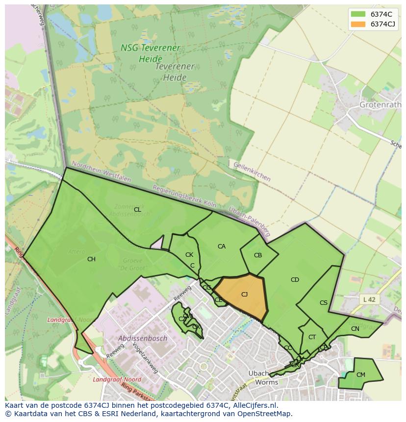 Afbeelding van het postcodegebied 6374 CJ op de kaart.