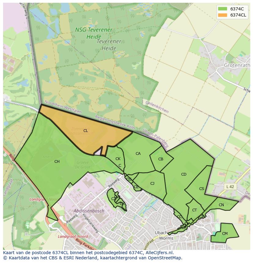 Afbeelding van het postcodegebied 6374 CL op de kaart.