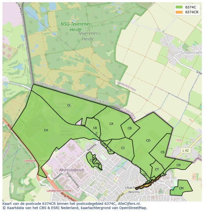 Afbeelding van het postcodegebied 6374 CR op de kaart.