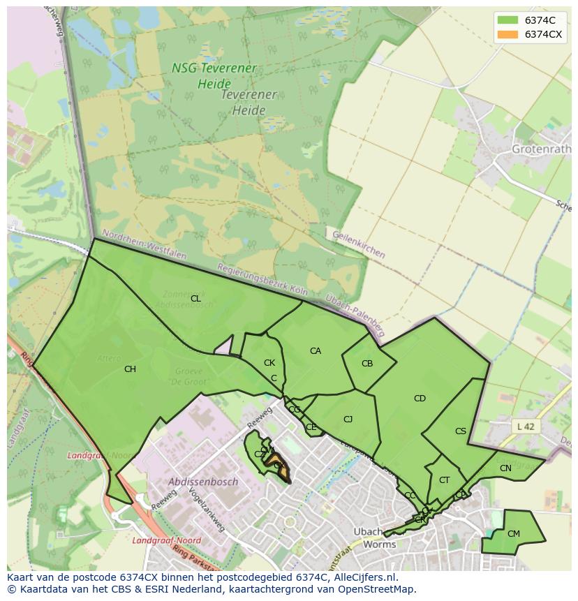 Afbeelding van het postcodegebied 6374 CX op de kaart.