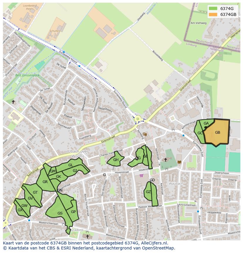 Afbeelding van het postcodegebied 6374 GB op de kaart.