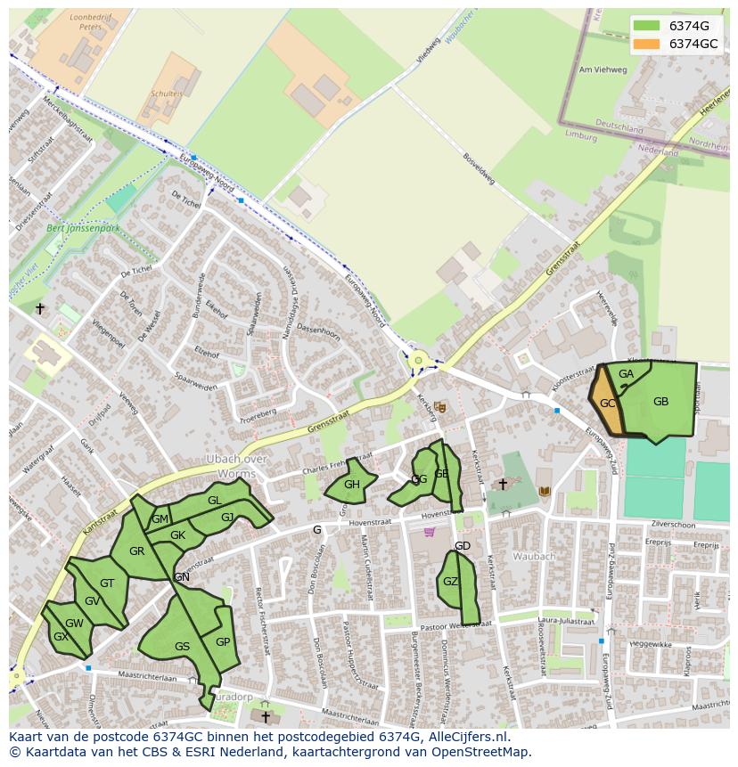Afbeelding van het postcodegebied 6374 GC op de kaart.