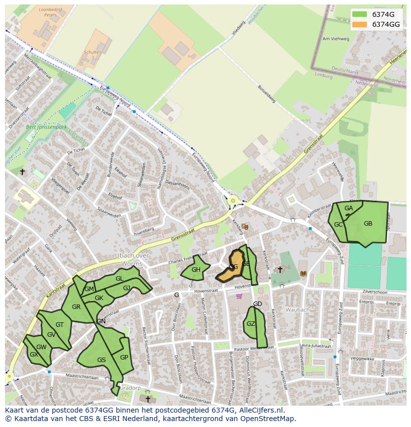 Afbeelding van het postcodegebied 6374 GG op de kaart.