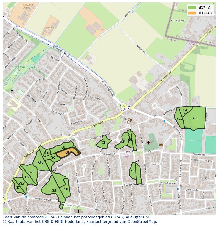 Afbeelding van het postcodegebied 6374 GJ op de kaart.
