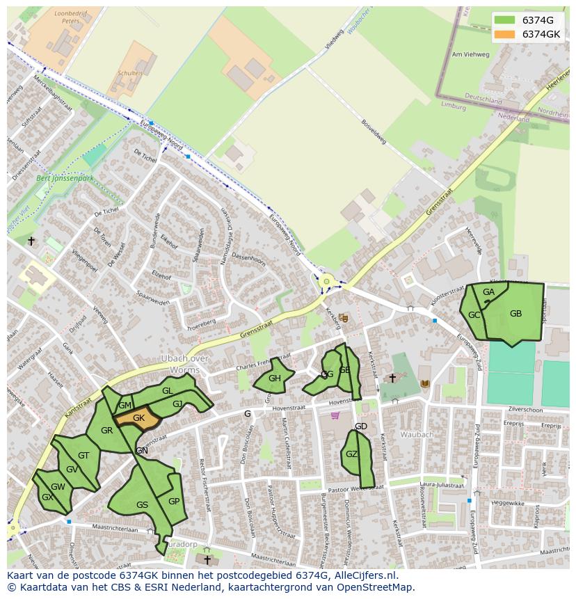 Afbeelding van het postcodegebied 6374 GK op de kaart.