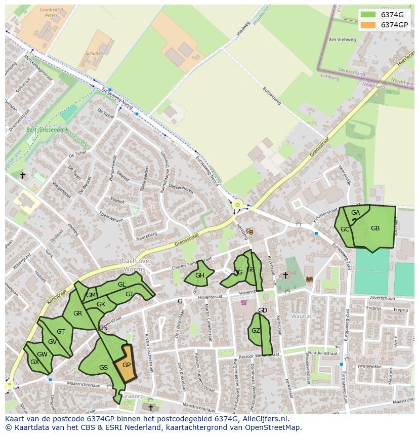 Afbeelding van het postcodegebied 6374 GP op de kaart.