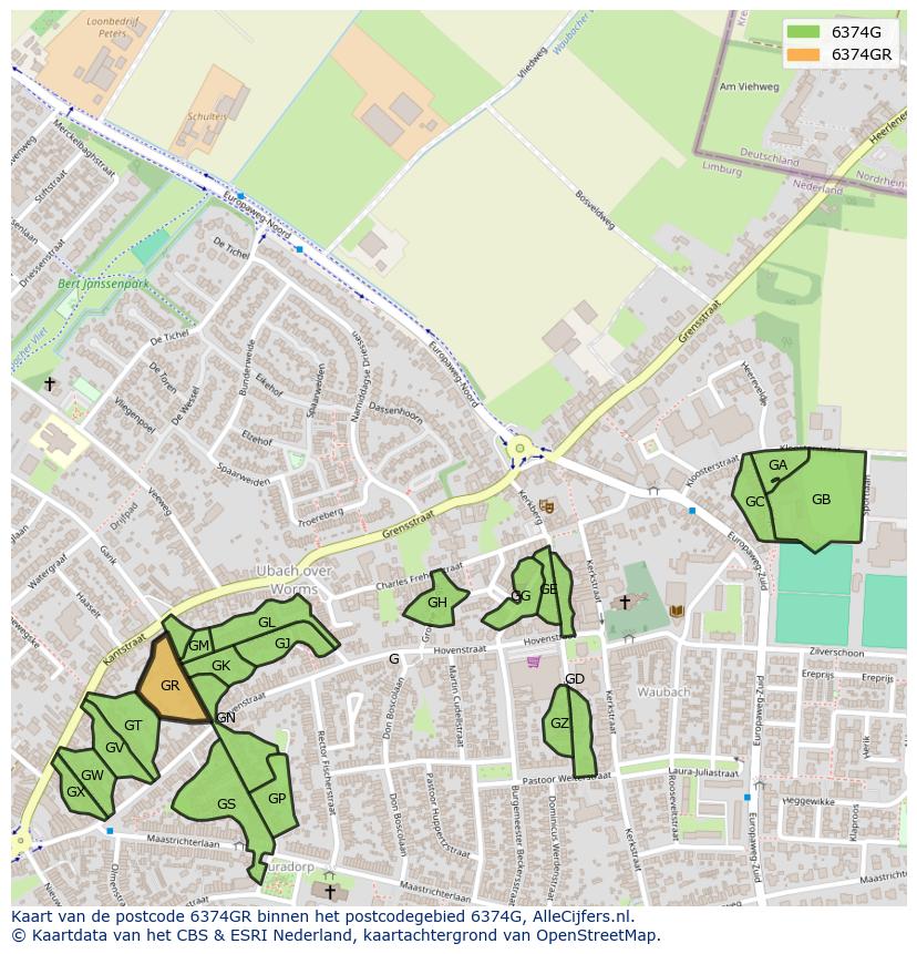 Afbeelding van het postcodegebied 6374 GR op de kaart.
