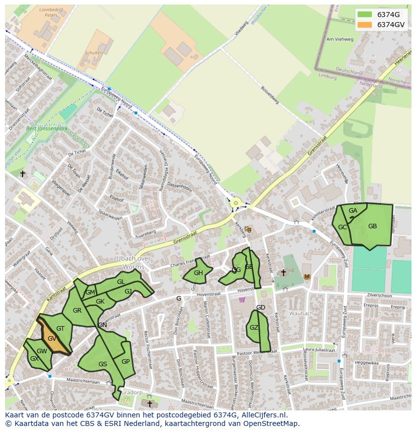 Afbeelding van het postcodegebied 6374 GV op de kaart.