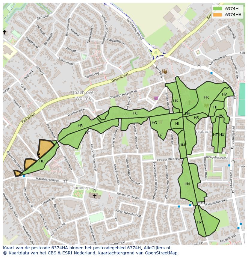 Afbeelding van het postcodegebied 6374 HA op de kaart.